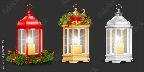 Set Of Christmas And New Year Lantern With Candle
