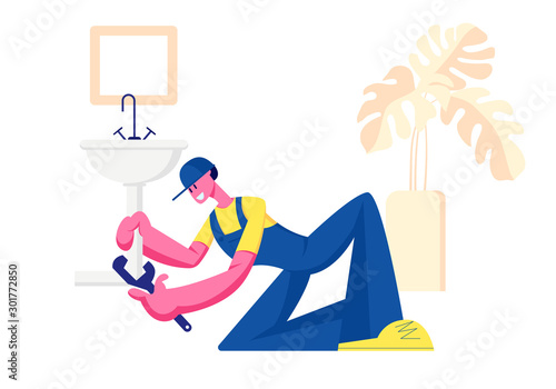 Handy Man in Blue Overalls and Cap Fixing Broken Sink in Bathroom at Home. Husband for an Hour Repair Service. Call Master Fix Sanitary at Work. Plumber Occupation Cartoon Flat Vector Illustration