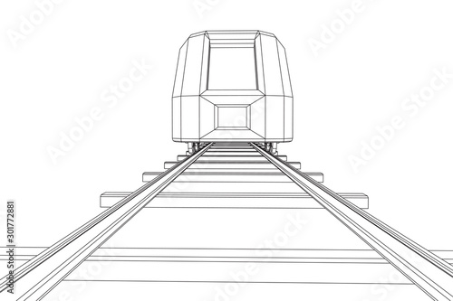 Modern high speed train on straight rails. Railway wireframe low poly mesh vector illustration
