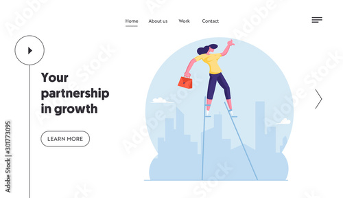 Risky Business Idea Website Landing Page. Businesswoman with Briefcase Balancing on Stilts at City Skyline Background. Creative Solution Advancement Web Page Banner. Cartoon Flat Vector Illustration