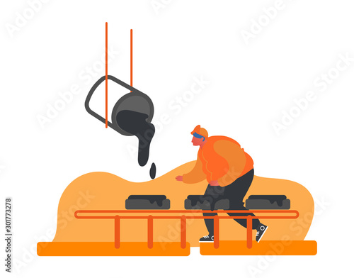 Metallurgy Industry Worker in Uniform Smelting Metal in Big Foundry and Pouring Hot Molten Steel or Iron Ore in Form During Smelting Process, Metal Production Company. Cartoon Flat Vector Illustration