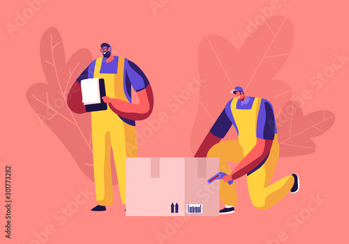 Warehouse Workers Scanning Barcode on Cargo Box, Checking Freight Number with Scanner and Signing Information to Notepad. Logistics and Transportation Goods Service Cartoon Flat Vector Illustration
