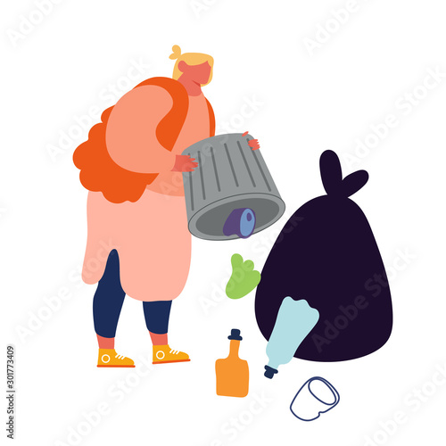 Slovenly Woman Throw Garbage Out of Litter Bin Polluting Environment Isolated on White Background. Ecology Protection and Struggle with Plastic Pollution Concept. Cartoon Flat Vector Illustration