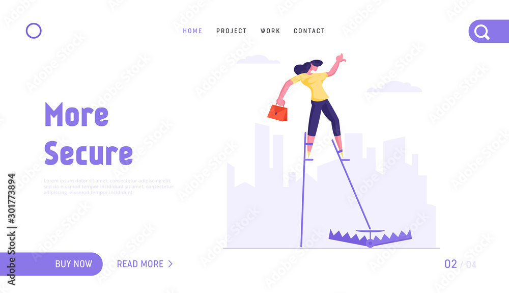 Risky Management Business Risk Website Landing Page. Businesswoman Balancing on Stilts Step Directly into Trap. Office Employee in Dangerous Situation Web Page Banner. Cartoon Flat Vector Illustration