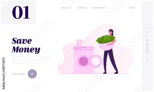 Crime, Financial Fraud Website Landing Page. Woman Carry Currency Banknotes in Basin to Washing Machine for Laundering. Corruption and Illegal Business Web Page Banner Cartoon Flat Vector Illustration