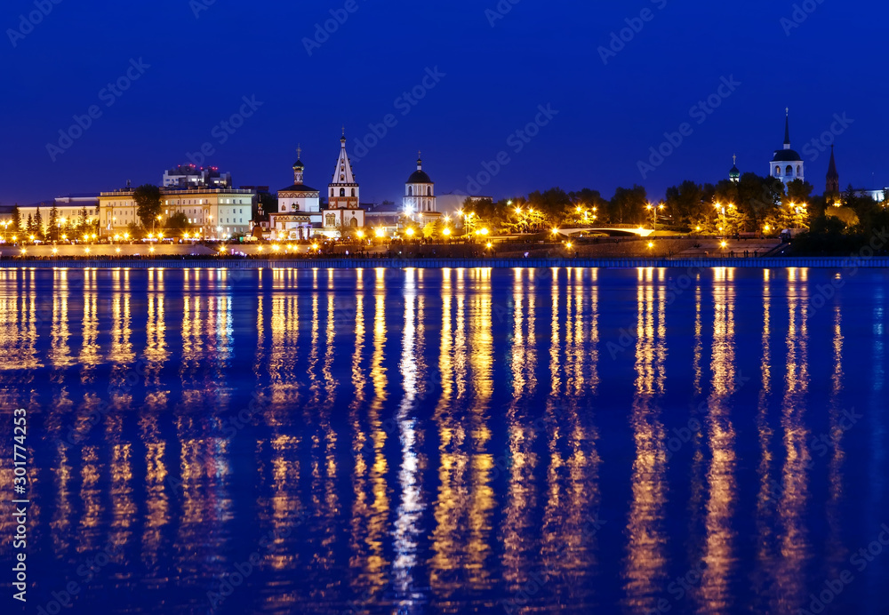 Cityscape of Irkutsk with Angara river and orthodox churches