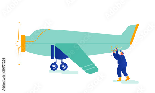 Service Engineer Repair Vintage Airplane with Propeller Engine on Aerodrome Fixing Broken Wires. Aircraft Maintenance before Flight, Aviation Engineering Profession. Cartoon Flat Vector Illustration