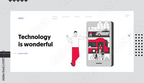Smart Application for Order City Transport Website Landing Page. Man Stand at Huge Smartphone with Taxi Bus and Rent Bike Service on Screen Web Page Banner. Cartoon Flat Vector Illustration, Line Art