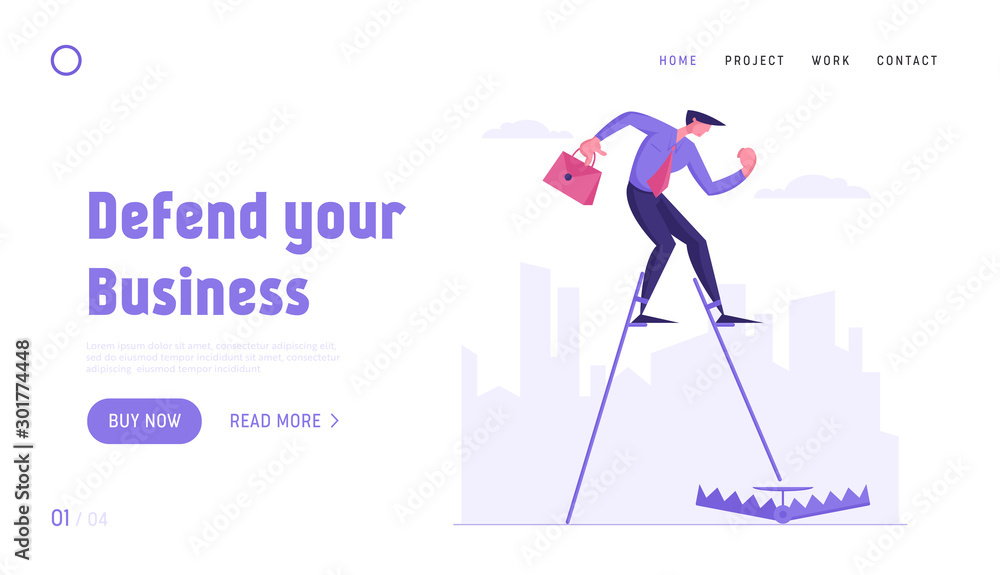 Inexperienced Business Man Trying to Avoid Problem Searching Solution Website Landing Page. Businessman Walking on Stilts Step to Trap on Ground Web Page Banner. Cartoon Flat Vector Illustration
