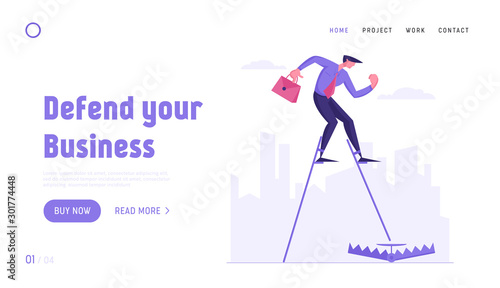 Inexperienced Business Man Trying to Avoid Problem Searching Solution Website Landing Page. Businessman Walking on Stilts Step to Trap on Ground Web Page Banner. Cartoon Flat Vector Illustration