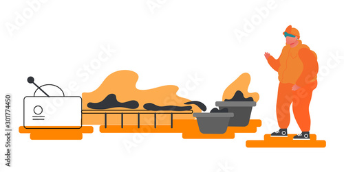 Metallurgy Worker Watching on Conveyor Belt Carrying Steel or Iron Workpiece Making Quality Control on Factory. Heavy Industry, Metal and Alloy Production Company. Cartoon Flat Vector Illustration