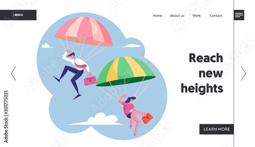 Business People Skydivers Website Landing Page. Businessman and Businesswoman Corporate Partners with Briefcase in Hand Floating with Parachutes in Sky Web Page Banner Cartoon Flat Vector Illustration
