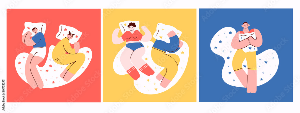 Set of sleeping people, couples. Men and women in bed. Top view. Hand drawn colored trendy vector illustrations. Cartoon style. Flat design. Every illustration is isolated