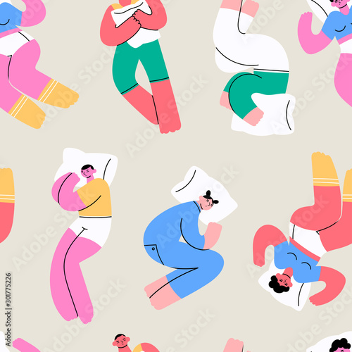 Set of various sleeping people in different positions. Top view. Hand drawn colored trendy vector seamless pattern. Cartoon style. Flat design