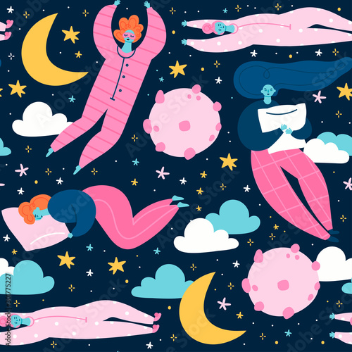 Dream night. Various sleeping girls with pillows. Sleepover. Moon, clouds, stars. Hand drawn colored trendy vector seamless pattern. Cartoon style. Flat design