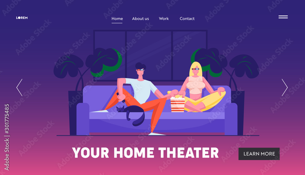 Obraz premium Young Couple Watch Movie at Home Website Landing Page. Man and Woman Wearing 3d Glasses Sitting on Couch on Weekend Evening. Leisure Sparetime Day Off Web Page Banner. Cartoon Flat Vector Illustration