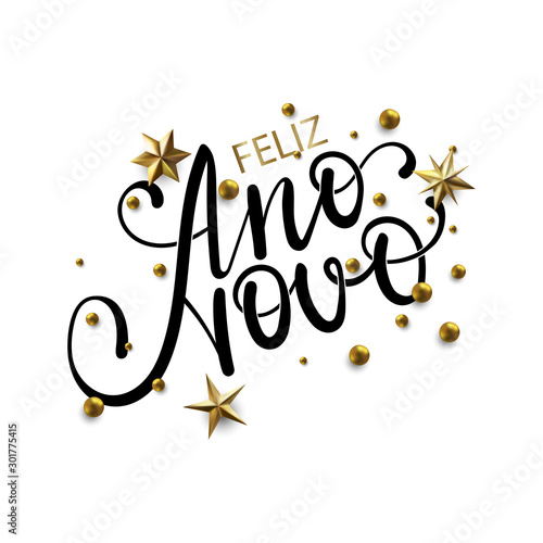 Feliz Ano Novo - Happy New Year in Brazilian Portuguese greeting card with typographic design Lettering