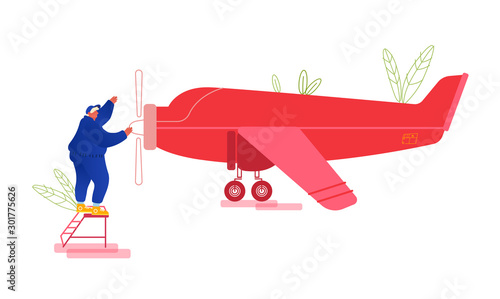 Repair and Maintenance of Aircraft Concept. Engineer Stand on Ladder Inspecting Engine and Wings of Airplane Rolling Propeller. Private Plane Inspection before Flight. Cartoon Flat Vector Illustration