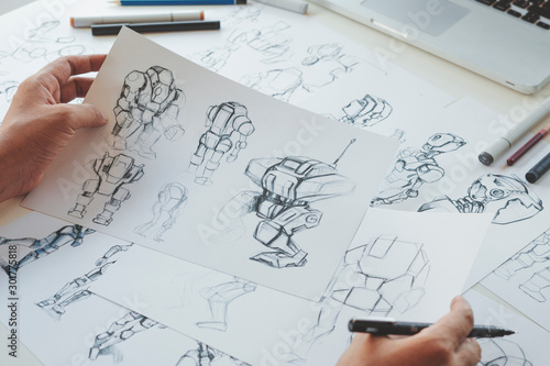 Animator designer Development designing drawing sketching development creating graphic pose characters sci-fi robot Cartoon illustration animation video game film production , animation design studio.