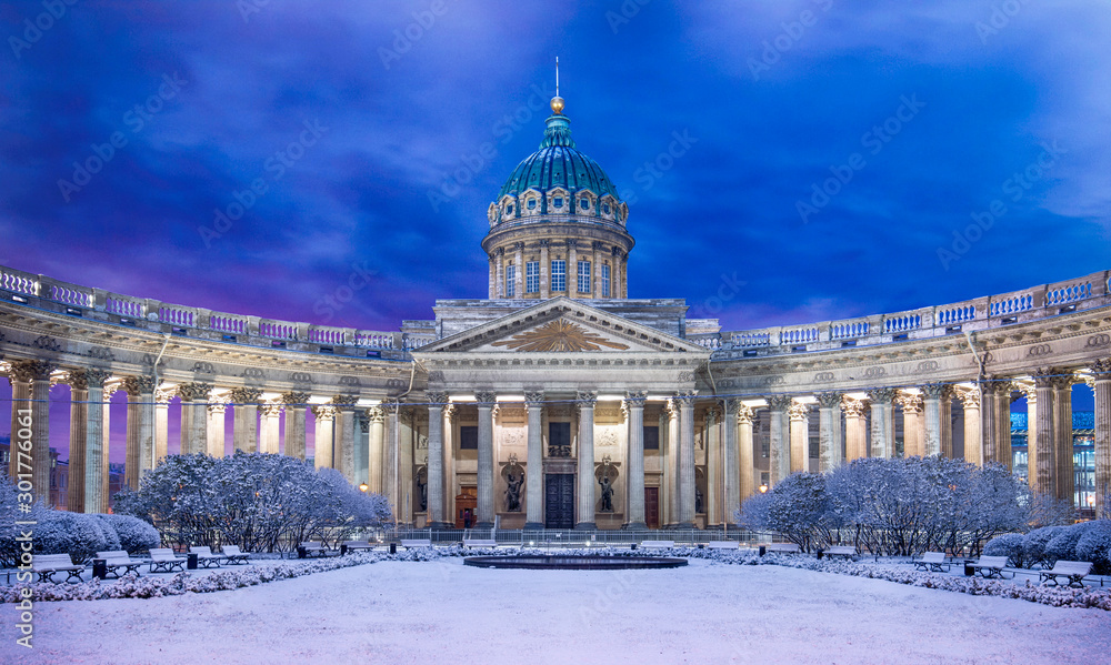 Kazan Cathedral or Kazanskiy Kafedralniy Sobor also known as the Cathedral of Our Lady of Kazan, is a Russian Orthodox Church on the Nevsky Prospekt in Saint Petersburg, Russia. Snow winter night.