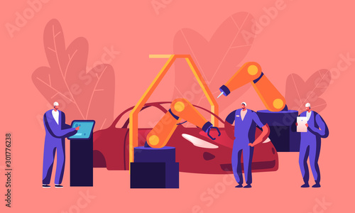 Car Production on Plant, Car Manufacture. Factory Robot Arms Weld Vehicle Body in Assembly Shop with Workers Manage Automobile Building Process. Automobile Engineering Cartoon Flat Vector Illustration