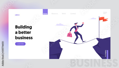 Business Risk Challenge Concentration Website Landing Page. Businessman Walking on Rope Over Precipice Trying to Reach Red Flag on other Side of Cliff Web Page Banner. Cartoon Flat Vector Illustration