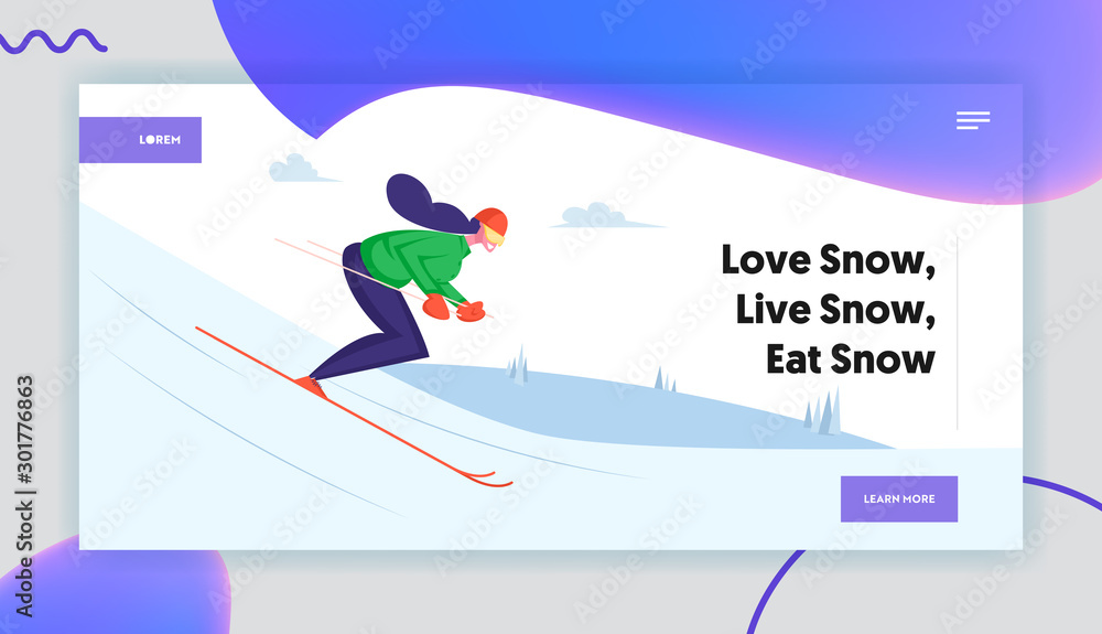 Young Woman Skiing on Mountains Resort Website Landing Page. Girl Riding Downhills by Skis Having Wintertime Fun and Leisure Time. Winter Sports Life Web Page Banner. Cartoon Flat Vector Illustration