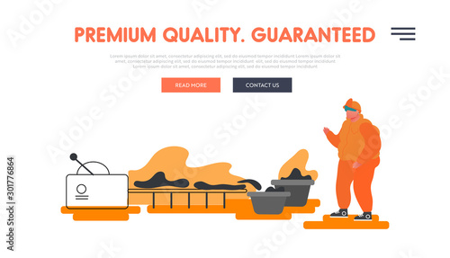 Heavy Industry, Metal and Alloy Production Company Website Landing Page. Metallurgy Worker Watching on Conveyor Belt Carrying Steel or Iron Workpiece Web Page Banner. Cartoon Flat Vector Illustration