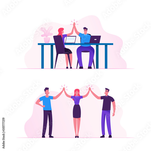 Business Colleagues Giving Highfive in Office Male and Female Businesspeople Characters Rejoice for Good Job they did, Successful Project Deal Victory Goal Achievement Cartoon Flat Vector Illustration