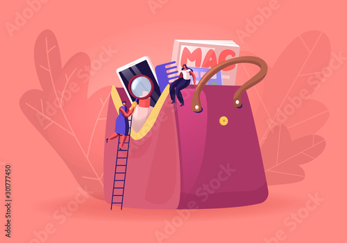 Tiny Woman with Magnifying Glass Climbing by Ladder on Huge Bag Girl Sitting on Female Cosmetician Full of Different Things and Belongings as Mobile Phone and Magazine Cartoon Flat Vector Illustration