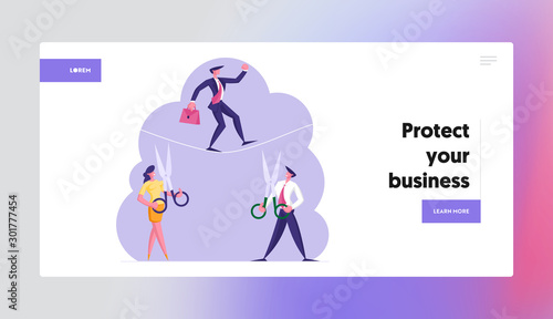 Business Risk Website Landing Page. Business Man Cross an Obstacle in Balance on Rope Opponents Businessman and Businesswoman Cut it with Scissors Web Page Banner. Cartoon Flat Vector Illustration
