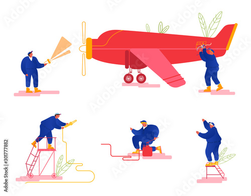 Repair and Maintenance of Aircraft Set. Mechanic Engineers Repairing and Inspecting Airplane Pumping Chassis, Fueling Gas Tank, Checking Fuselage and Propeller Engine. Cartoon Flat Vector Illustration