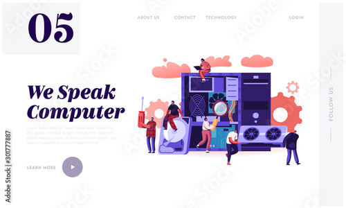 Pc Hardware Fixing Service Website Landing Page. Tiny People Characters Information Technology Engineers Repairing Personal Computer System Components Web Page Banner. Cartoon Flat Vector Illustration