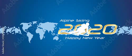 Alpine Skiing 2020 Happy New Year gold white silhouette logo icon abstract world map blue background