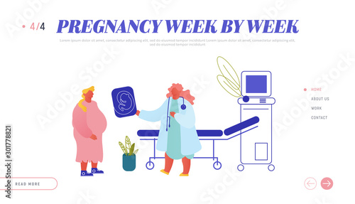 Fertility Pregnancy Childbirth Female Health Website Landing Page. Pregnant Woman in Ultrasound Cabinet, Doctor Show Fetus Image to Future Mother Web Page Banner. Cartoon Flat Vector Illustration