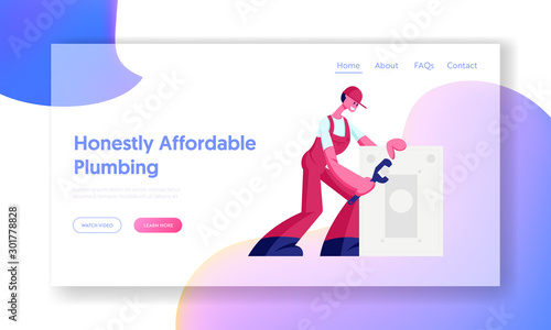 Husband for an Hour, Repair Service Website Landing Page. Male Character Working with Instruments Fixing Broken Technics at Home. Plumber Call Master Web Page Banner. Cartoon Flat Vector Illustration