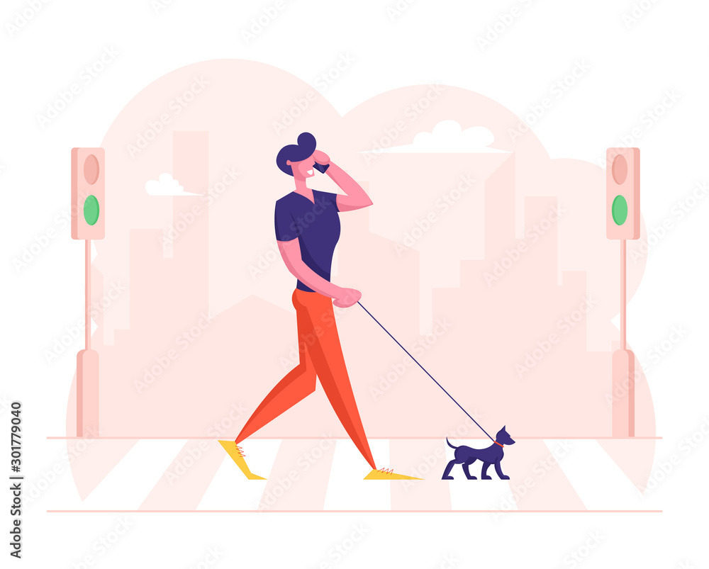 Relaxed Pedestrian with Dog Talking by Smartphone Walking by Crosswalk over Road with Zebra and Traffic Lights. Dweller Having Promenade with Pet Outdoors Summer Time Cartoon Flat Vector Illustration