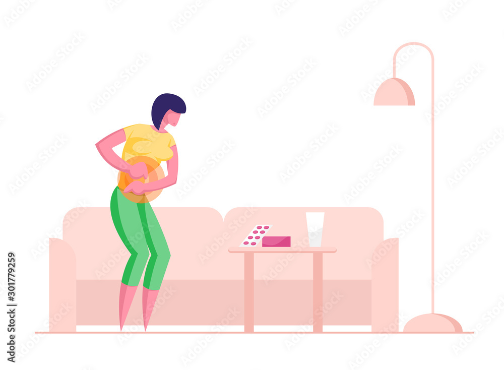 Young Woman Having Abdominal Pain in Stomach and Gastrointestinal Indigestion Symptom Going to Take Medicine Pills. Diarrhea or Constipation Disease and Illness. Cartoon Flat Vector Illustration