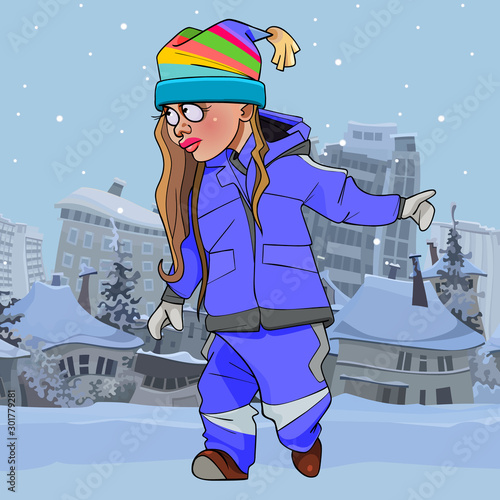 cartoon girl in bright warm clothes walks in the winter city