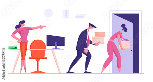 Fired Sad Business Man and Woman Carry Big Heap of Document Files in Boxes Leaving Office. Lady Boss Pointing on Door. Businesspeople Company Employees Going from Work Cartoon Flat Vector Illustration