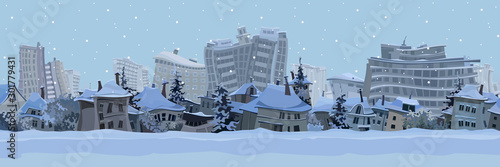 panorama of the winter background of the city with cartoon curved houses