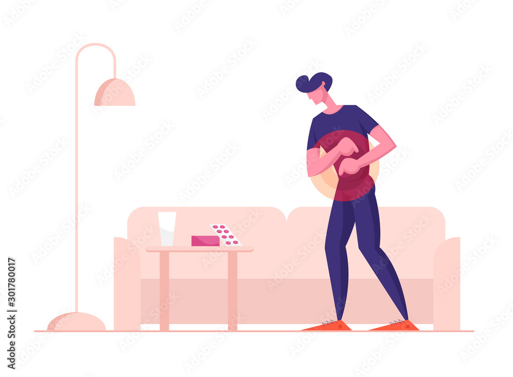 Sad Sick Young Man Feel Pain in Stomach. Food Poisoning, Digestive Tract Indigestion, Stomachache Pain. Sick Male Character Abdominal Ache or Spasm Health Care Concept Cartoon Flat Vector Illustration Sad Sick Young Man Feel Pain in Stomach. Food Poisoning, Digestive Tract Indigestion, Stomachache Pain. Sick Male Character Abdominal Ache or Spasm Health Care Concept Cartoon Flat Vector Illustration