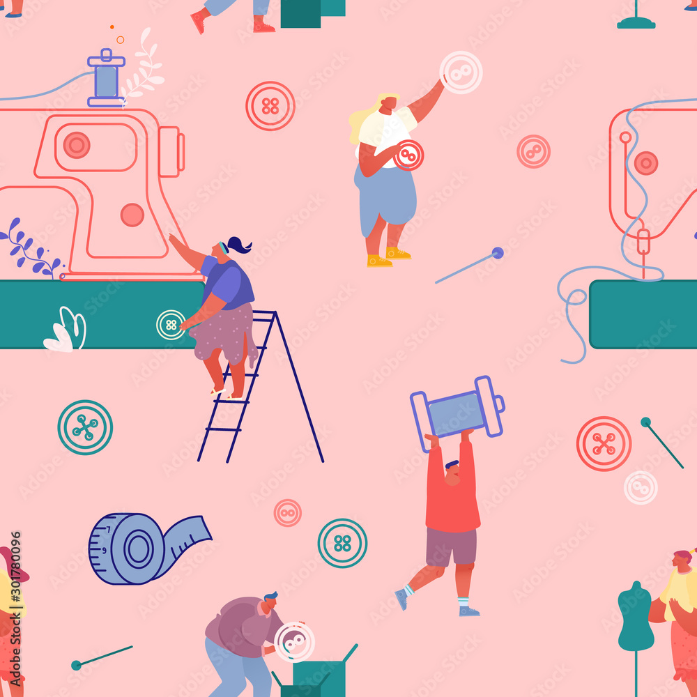 Fototapeta premium Seamless Pattern Dressmakers Create Outfit and Apparel on Sewing Machine, Tailoring Process on Pink Background Ornament for Wrapping Paper, Fabric, Clothing Print Cartoon Flat Vector Illustration