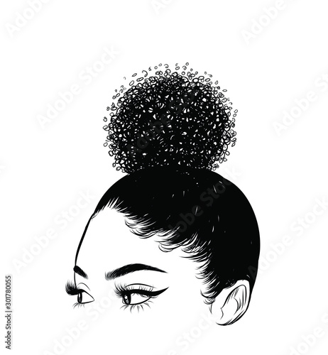 Curly beauty girl illustration isolated on clear background. Hair buns with long hair. Hand draw idea for business cards, templates, web, brochure, posters, postcards, salon