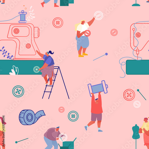 Seamless Pattern Dressmakers Create Outfit and Apparel on Sewing Machine, Tailoring Process on Pink Background Ornament for Wrapping Paper, Fabric, Clothing Print Cartoon Flat Vector Illustration