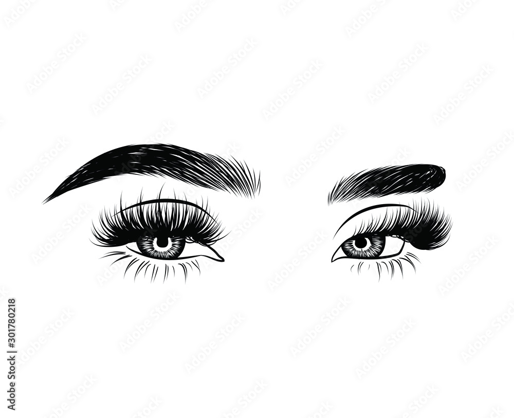  Fashion illustration of the eye with long full lashes. Hand drawn vector idea  Natural eyebrows and modern makeup