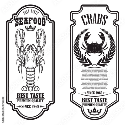 Set of seafood flyers with lobster and crab illustrations. Design element for poster, banner, sign, emblem. Vector illustration