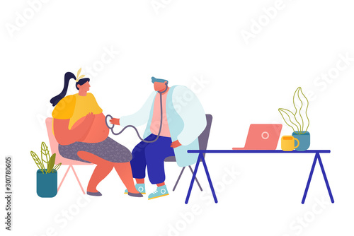 Pregnancy Check Up, Maternity. Pregnant Woman at Doctor Appointment in Clinic. Male Medic Character Listening Baby Heart Beating Put Stethoscope on Female Belly. Cartoon Flat Vector Illustration