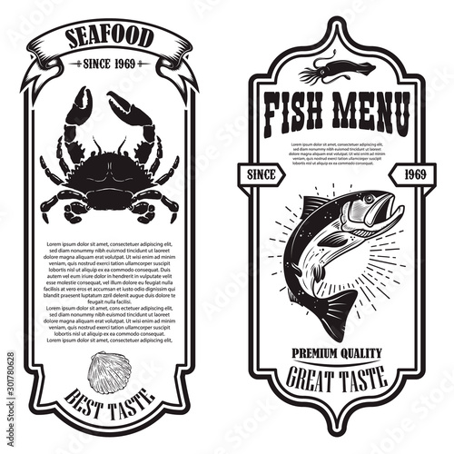 Set of seafood flyers with crab and fish illustrations. Design element for poster, banner, sign, emblem. Vector illustration