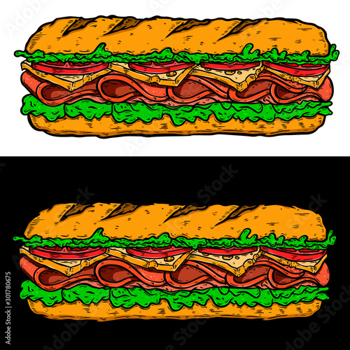 Illustration of submarine sandwich. Design element for poster, card, banner, sign, flyer.Vector illustration